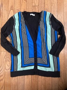 New York & Company Black Cardigan with Blue and Mint Stripe Panels